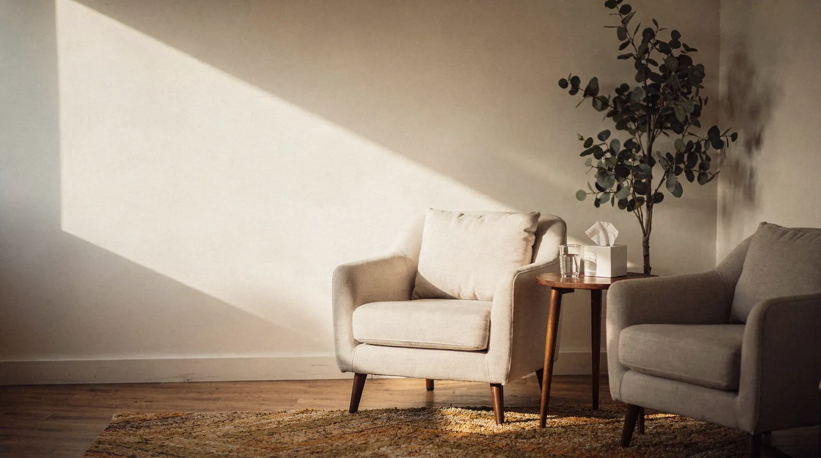 A quiet therapy room with two armchairs